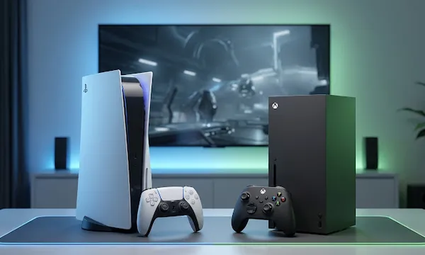 PS5 e Xbox Series X com controles, assistência de consoles na VITECH, em Mossoró