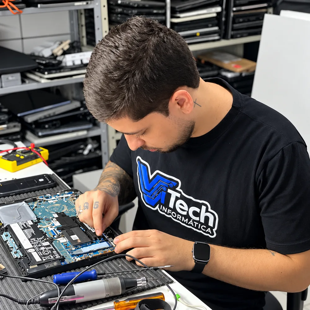 Jonatan Lucena, técnico da VITECH Informática, reparando um notebook na bancada em Mossoró